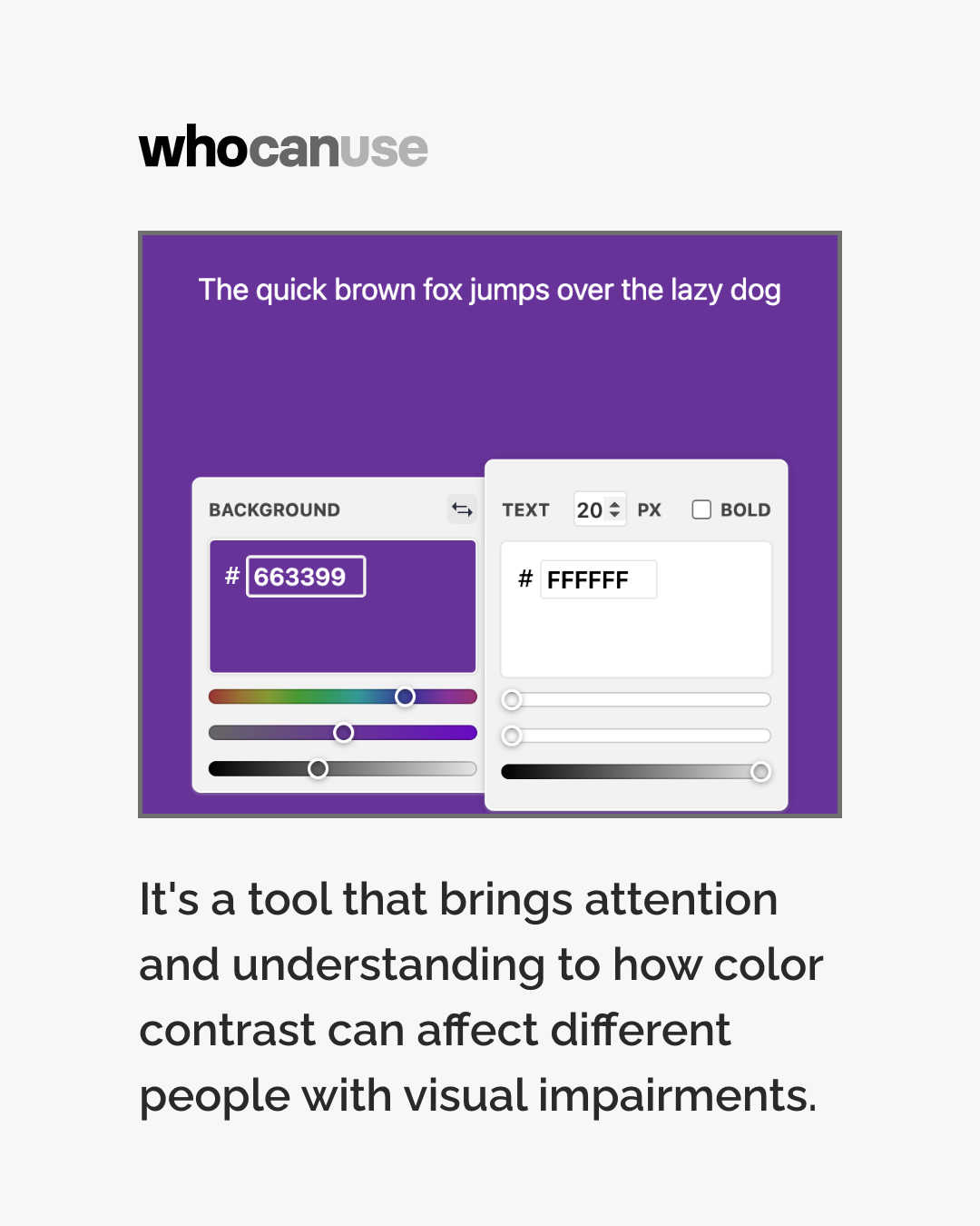 A screenshot of the WhoCanUse tool. Text reads “We used tools from WhoCanUse.com to check the colour combination used in this post. This nifty tool shows how people with different vision can use this combination, and what percentage of the population they make up.”