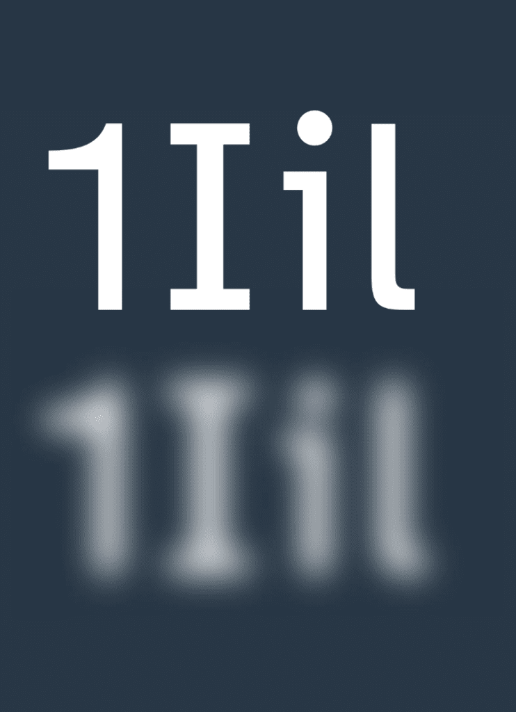 The characters 1Iil are shown in the Atkinson Hyperlegible font, and are then shown blurred as they might be seen by someone with low vision. 