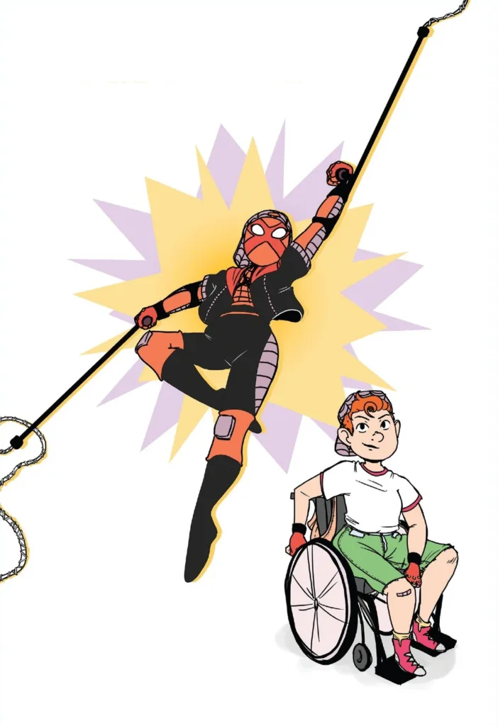 Two illustrations of Sun-Spider, one swinging, and one sitting in her wheelchair without her disguise