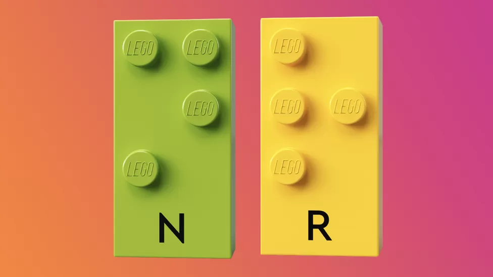Coloured Lego bricks with differently positioned studs, forming the letters N and R in Braille
