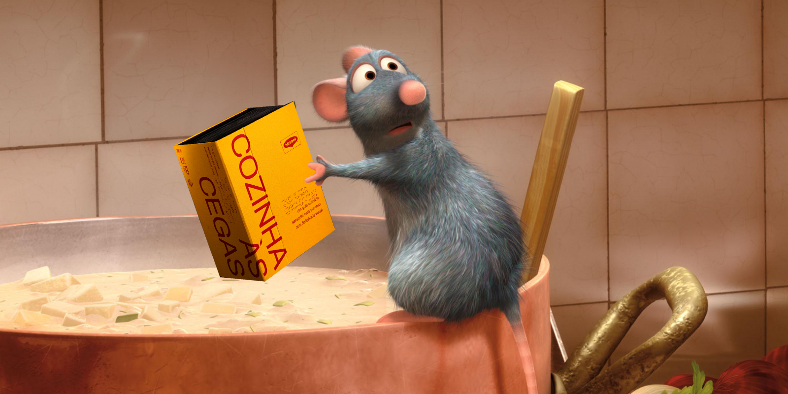 Animated image of Remy the rat from Disney Pixar's Ratatouille, holding a copy of Cooking Blindly